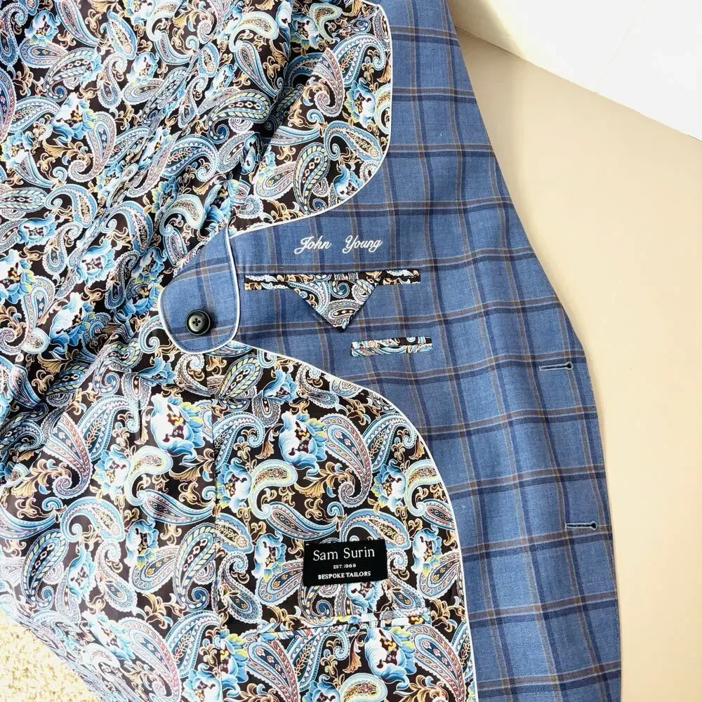Sam Surin Blazer Jacket 2 Button Blue Plaid Size 50L Biella Italy Wool Fabric